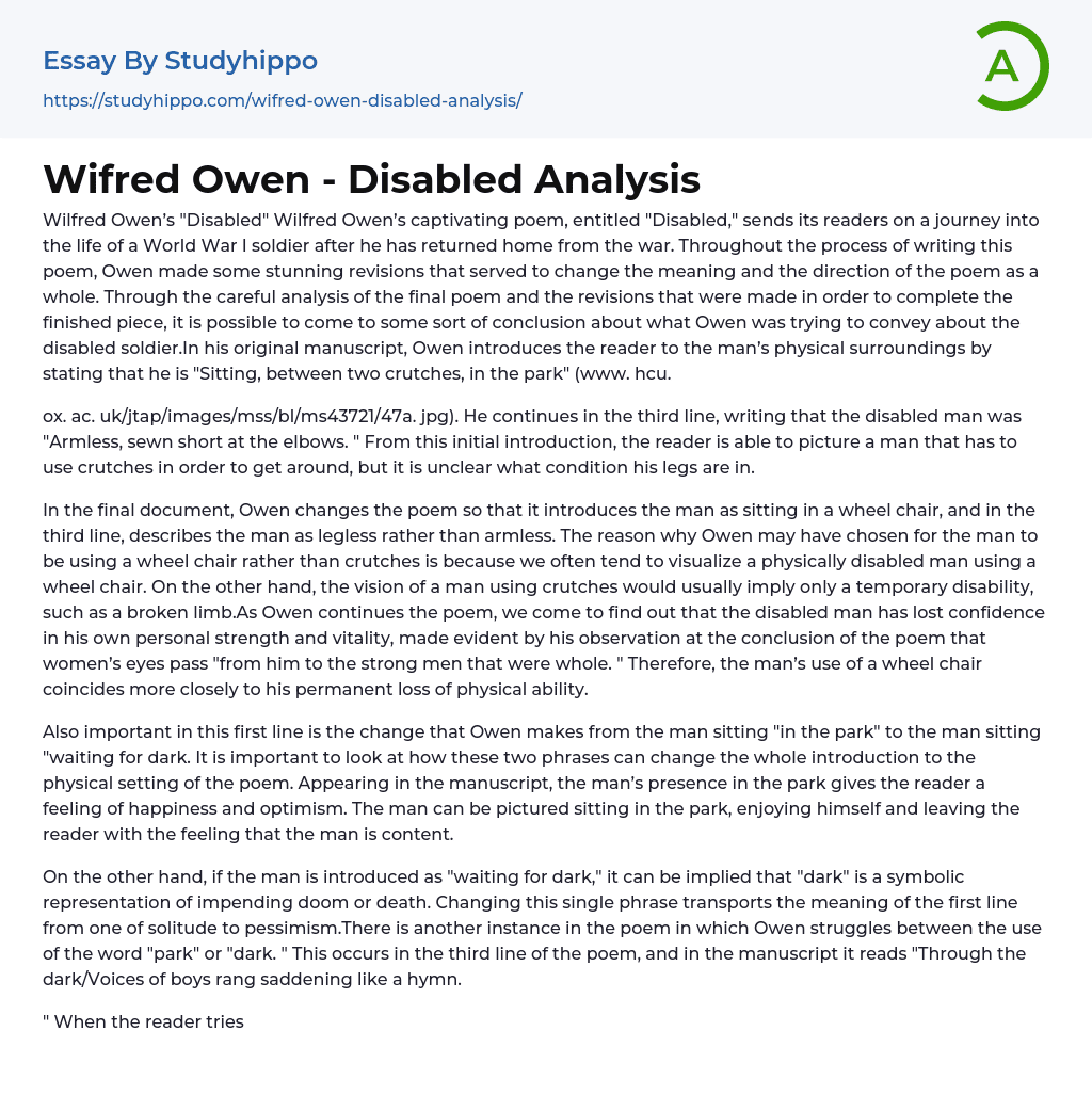 Wifred Owen – Disabled Analysis Essay Example