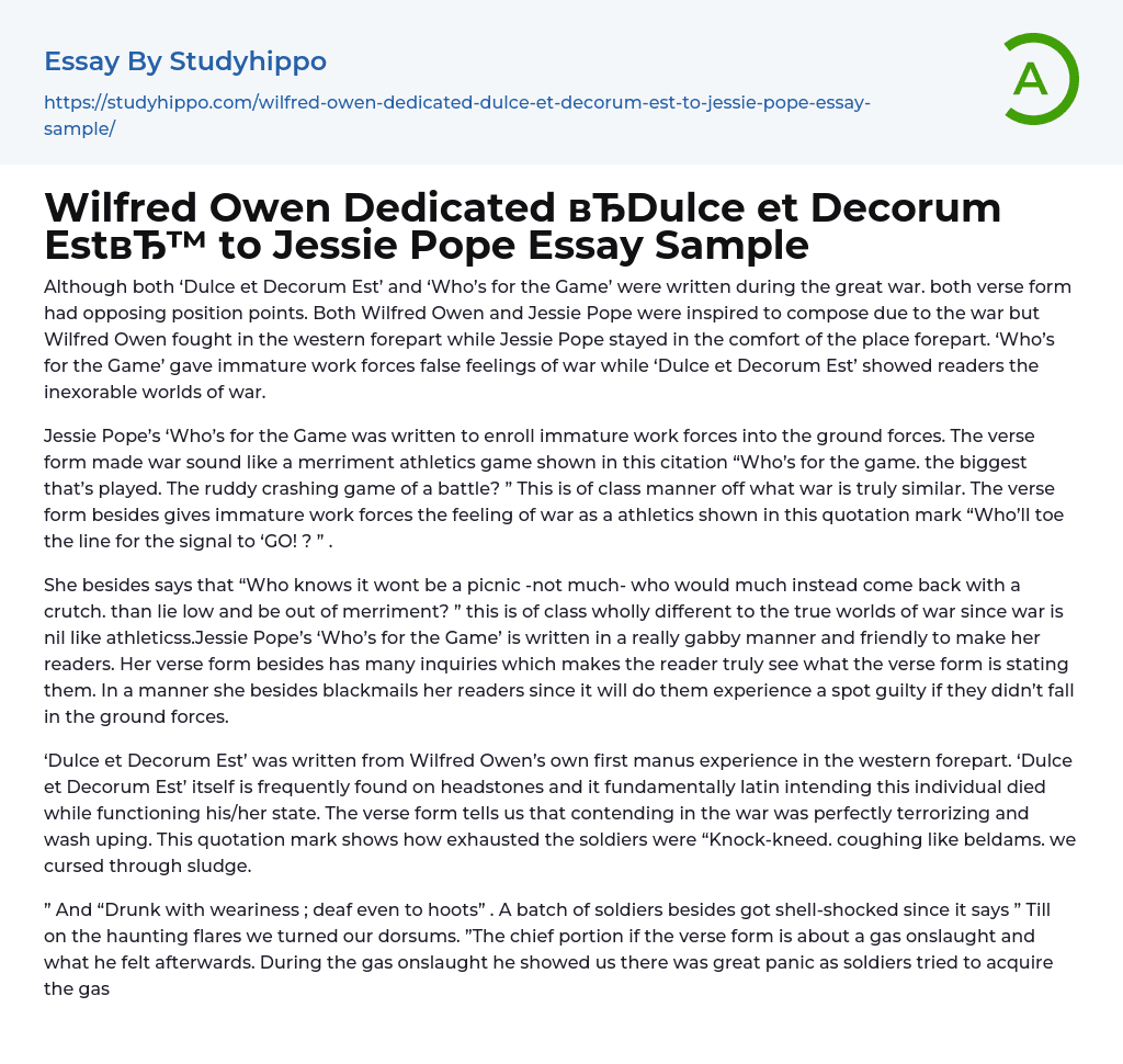 Wilfred Owen Dedicated “Dulce et Decorum Est to Jessie Pope Essay Sample