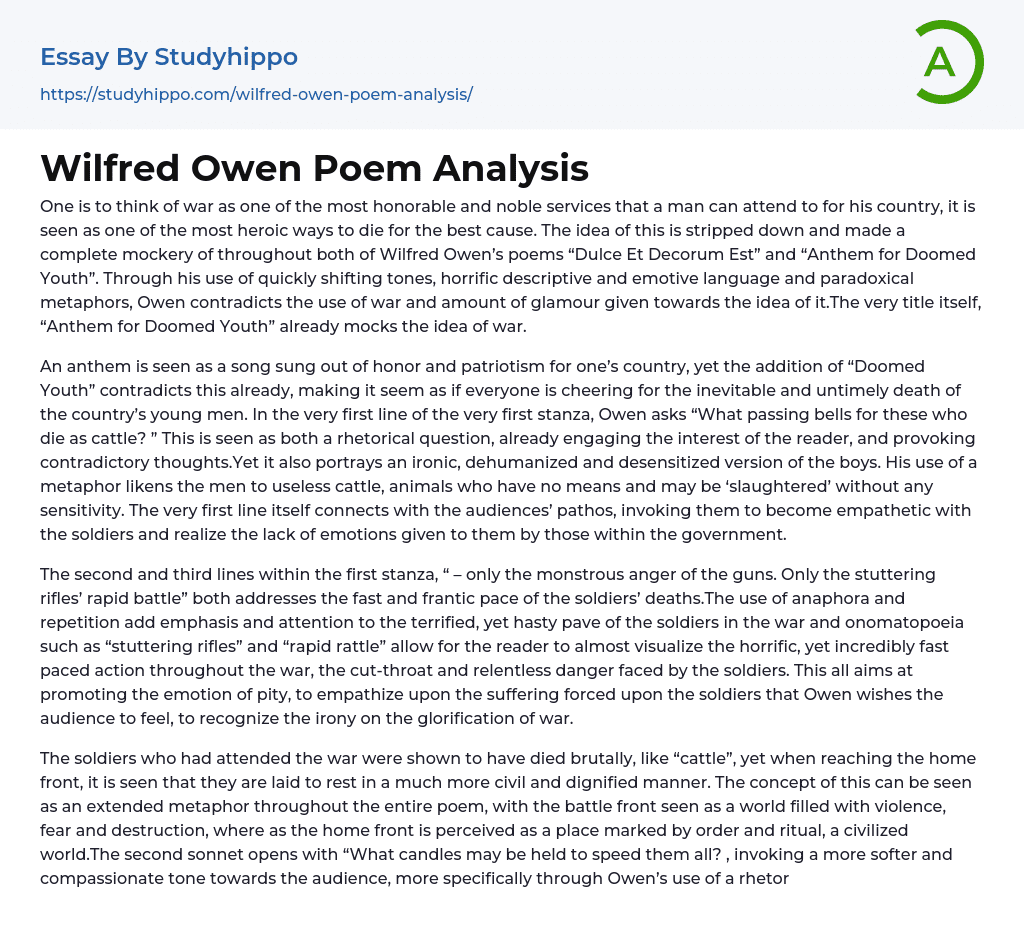 Wilfred Owen Poem Analysis Essay Example