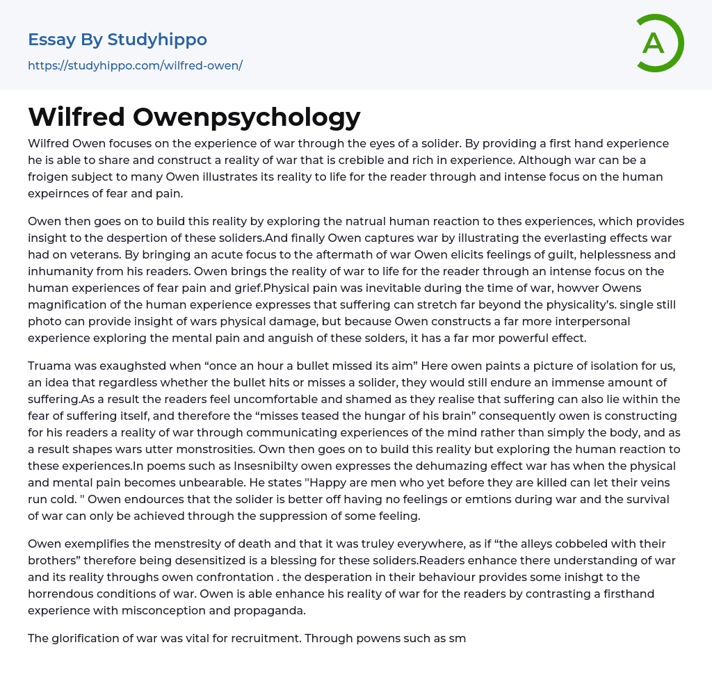 Wilfred Owenpsychology Essay Example