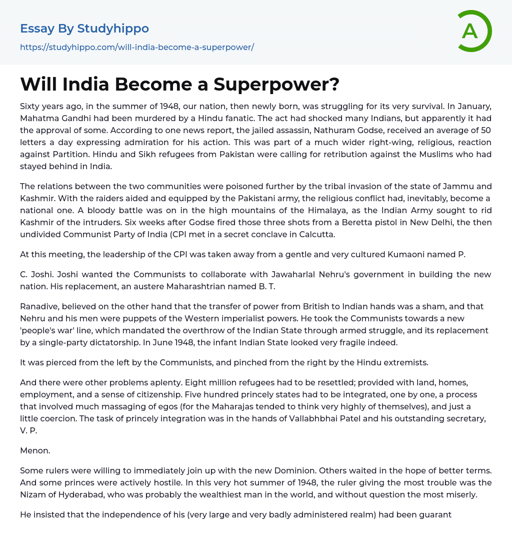 Will India Become a Superpower? Essay Example