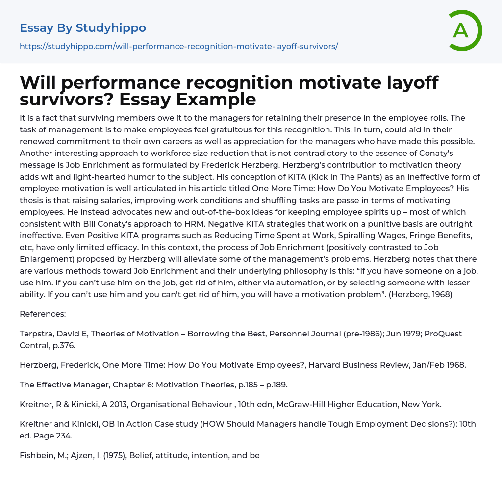 Will performance recognition motivate layoff survivors? Essay Example