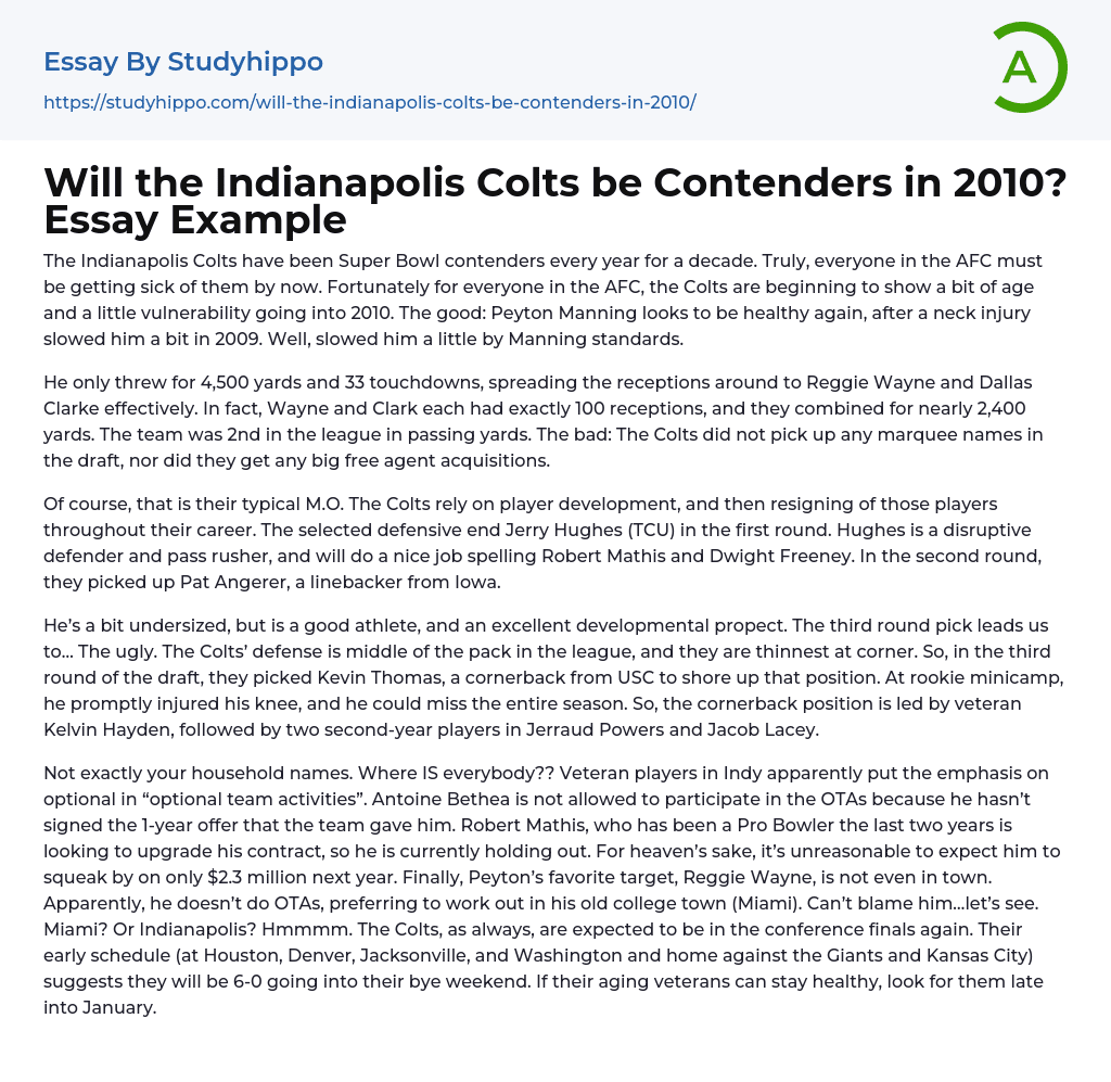 Will the Indianapolis Colts be Contenders in 2010? Essay Example