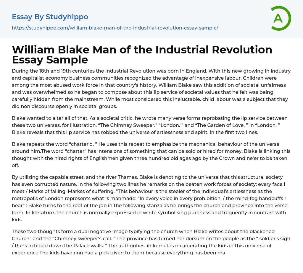 William Blake Man of the Industrial Revolution Essay Sample