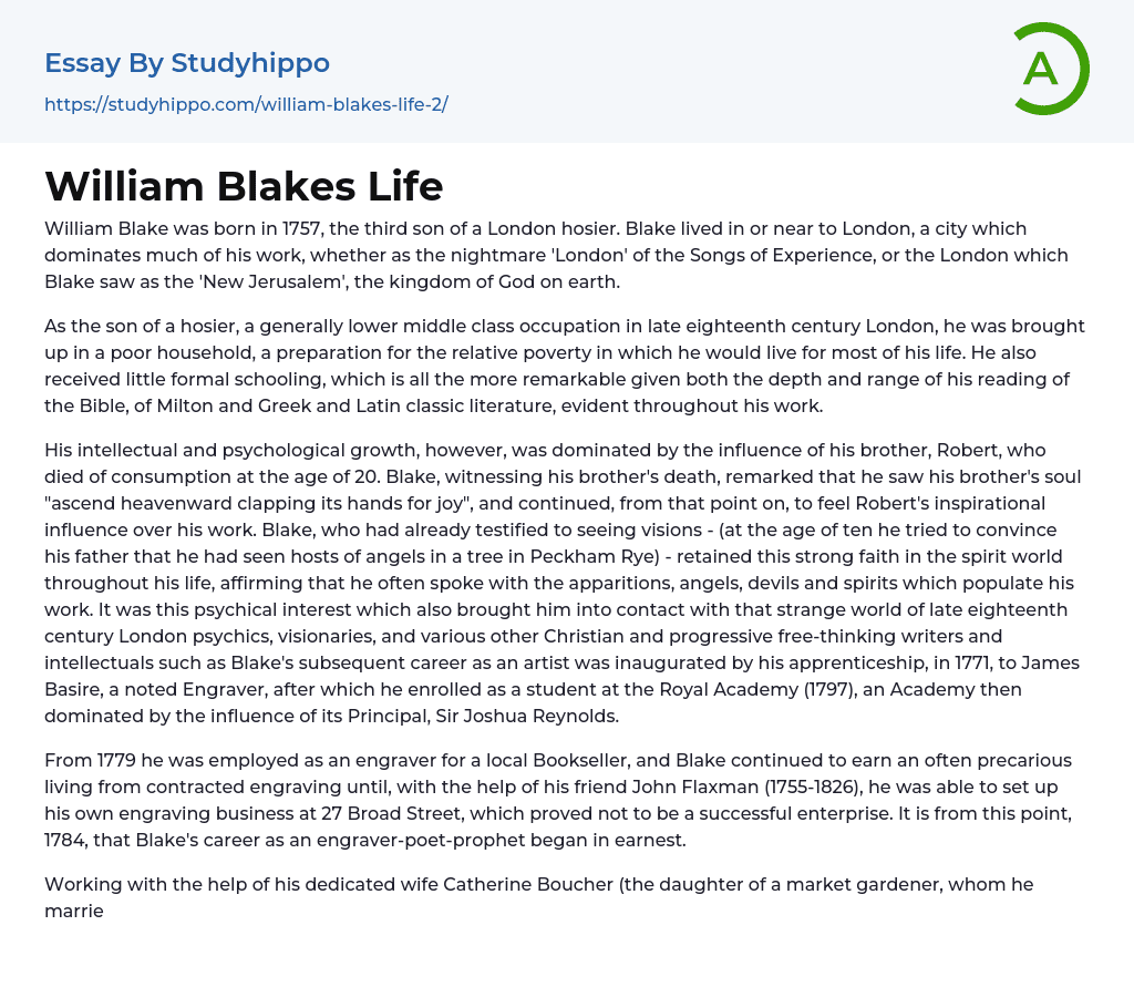 William Blakes Life Essay Example