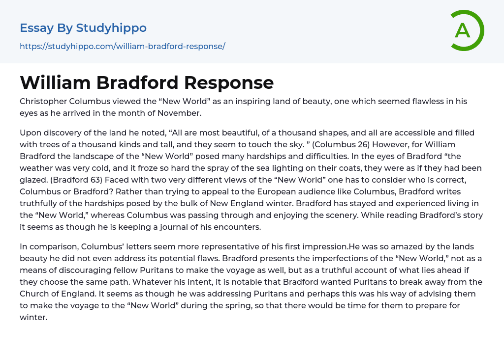 William Bradford Response Essay Example