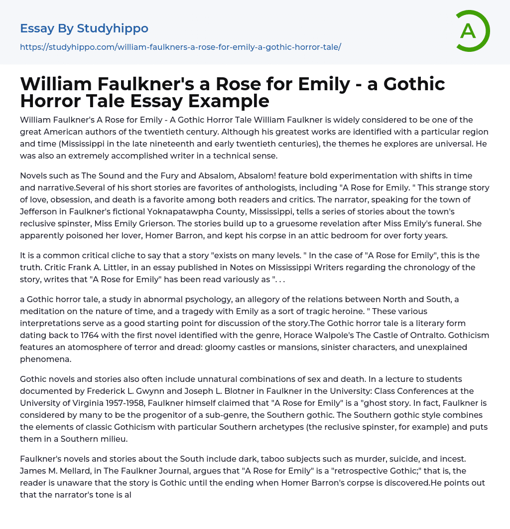 William Faulkner’s a Rose for Emily – a Gothic Horror Tale Essay Example
