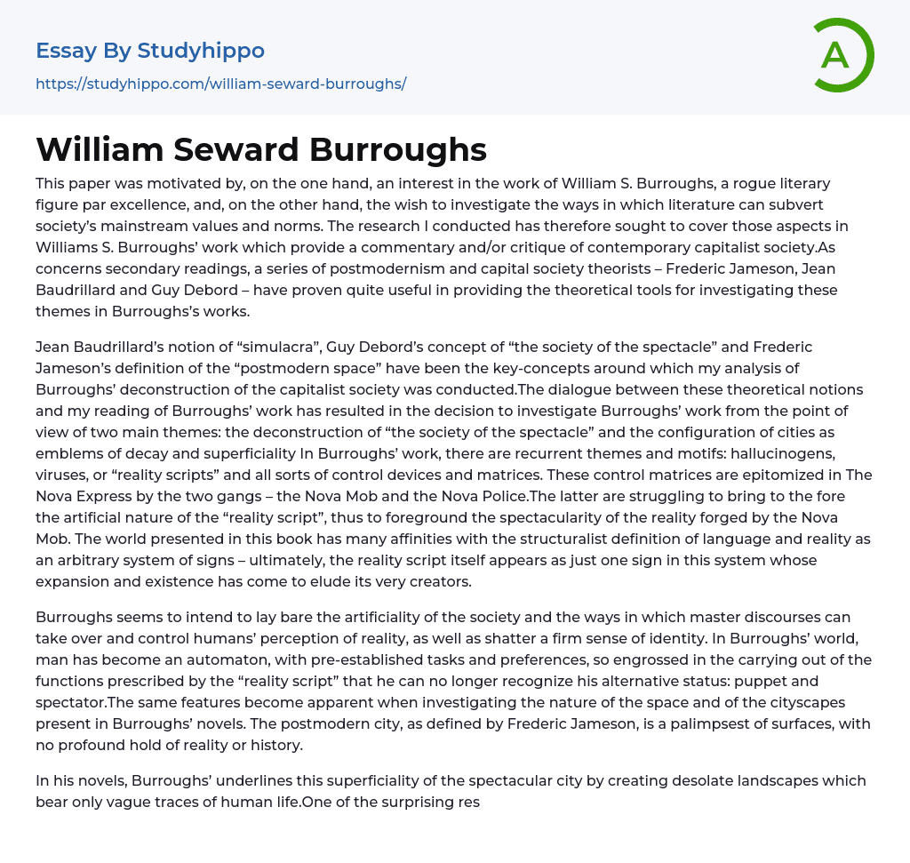 William Seward Burroughs Essay Example