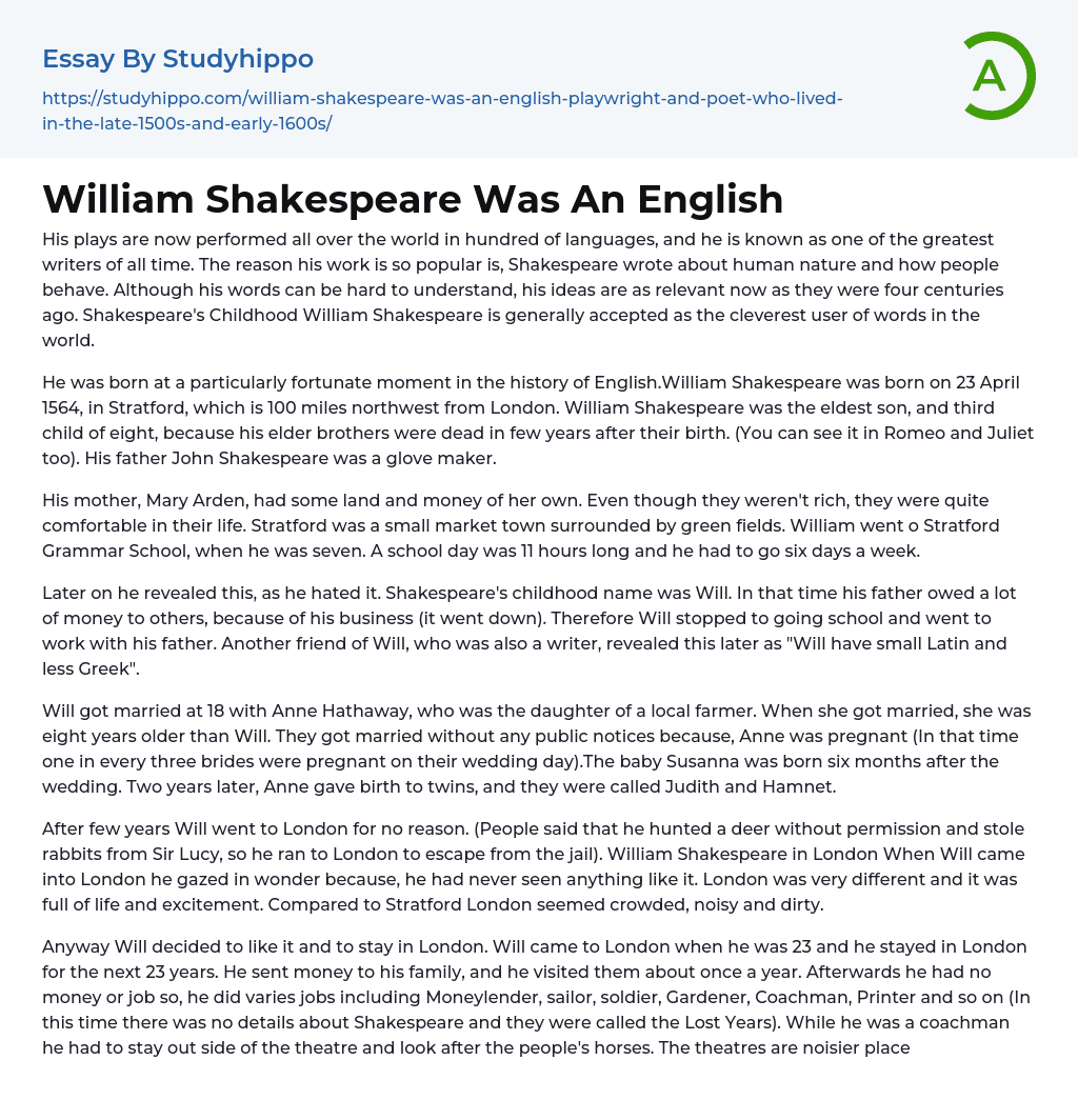 William Shakespeare Was An English Essay Example
