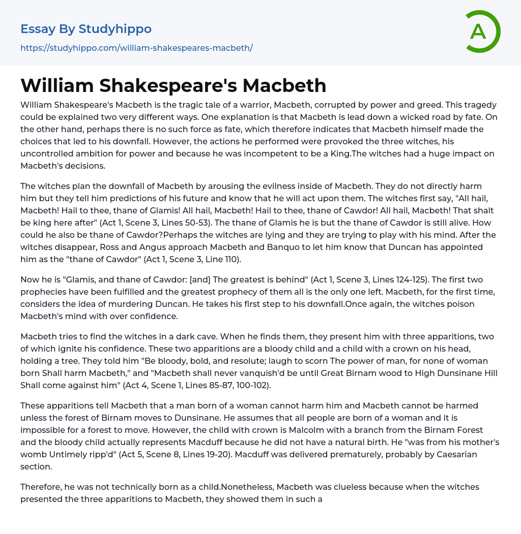 William Shakespeare’s Macbeth Essay Example