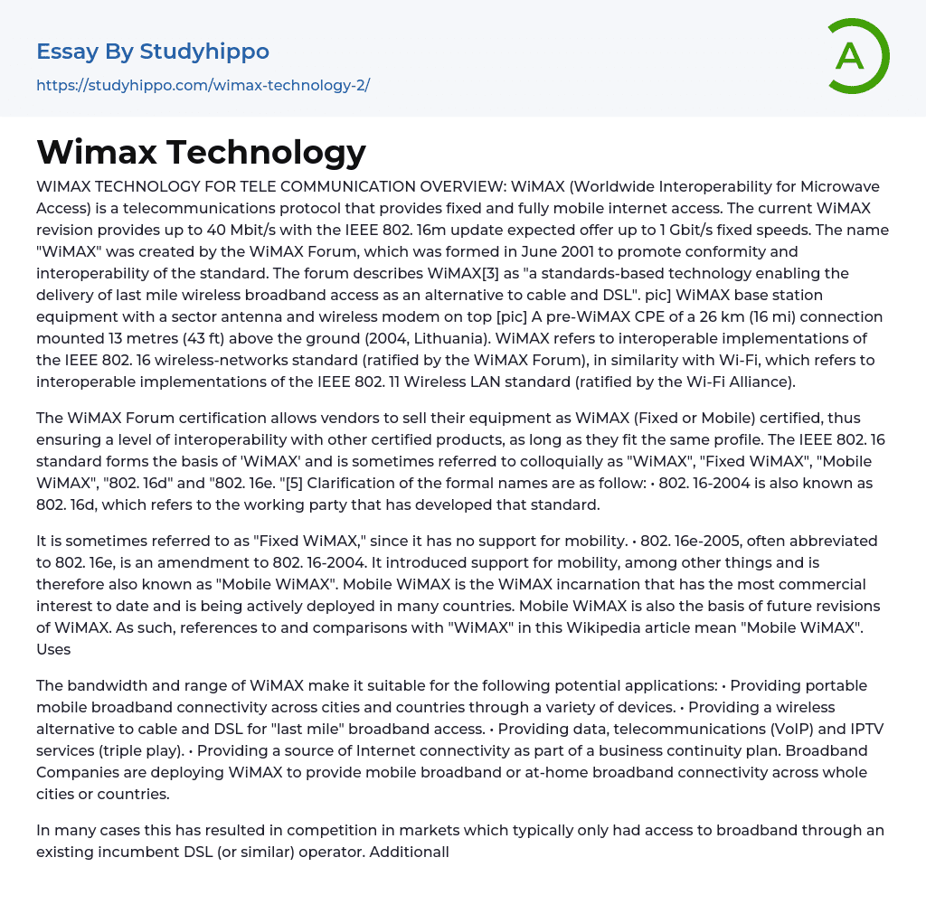 Wimax Technology Essay Example