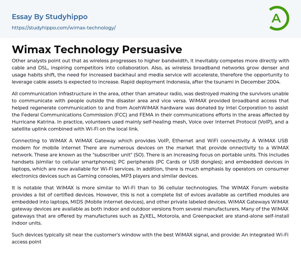 Wimax Technology Persuasive Essay Example