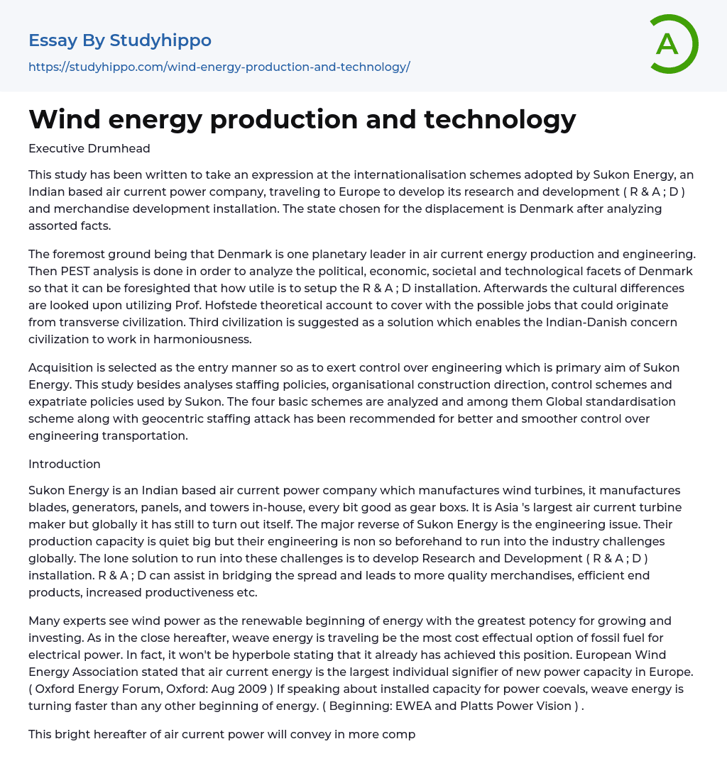 Wind energy production and technology Essay Example