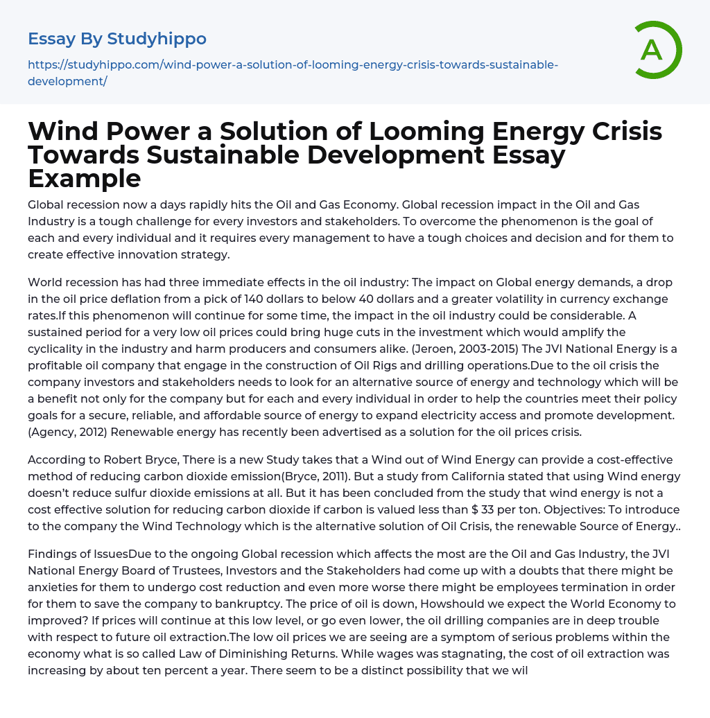 Wind Power a Solution of Looming Energy Crisis Towards Sustainable Development Essay Example