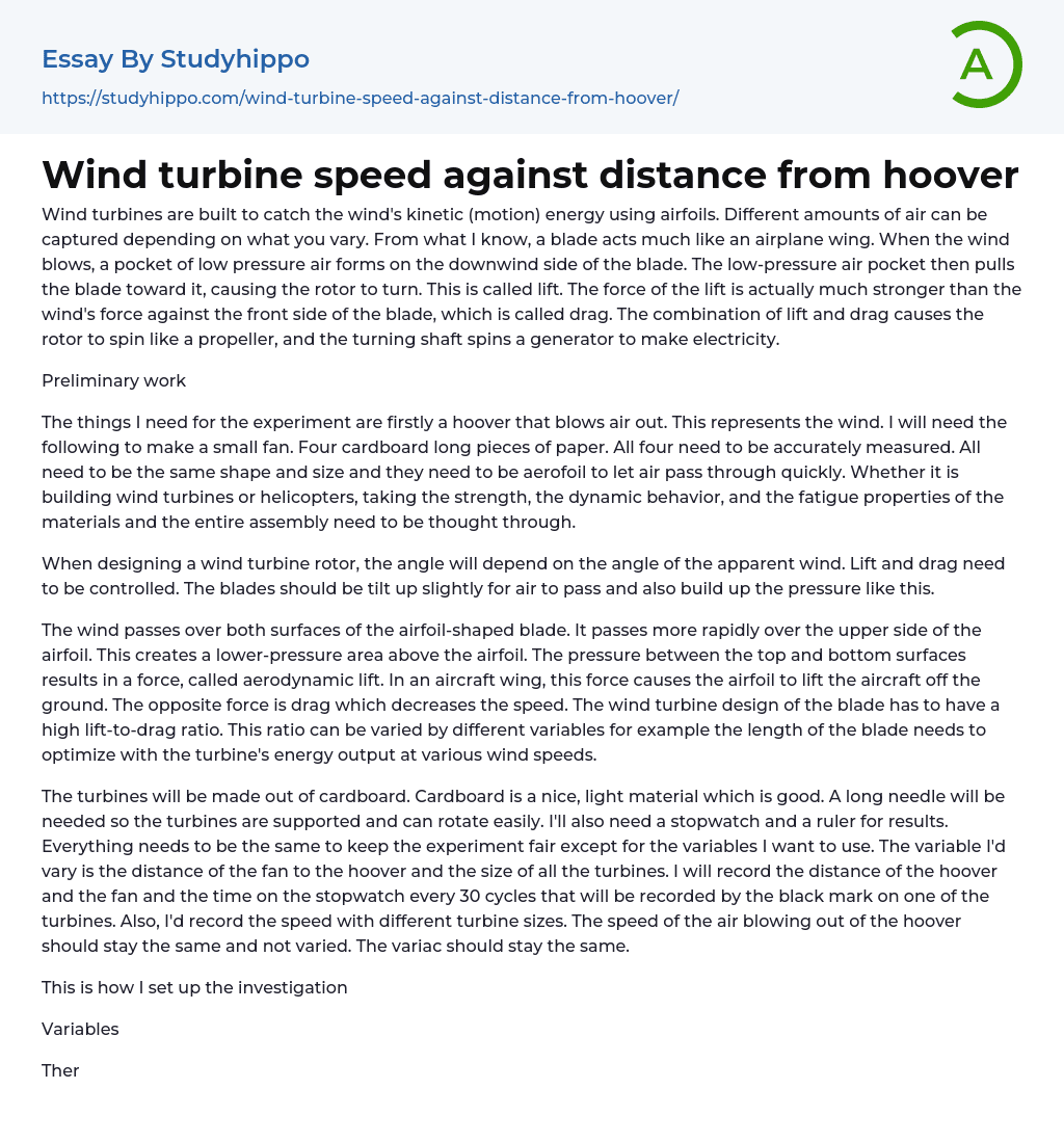 Wind turbine speed against distance from hoover Essay Example
