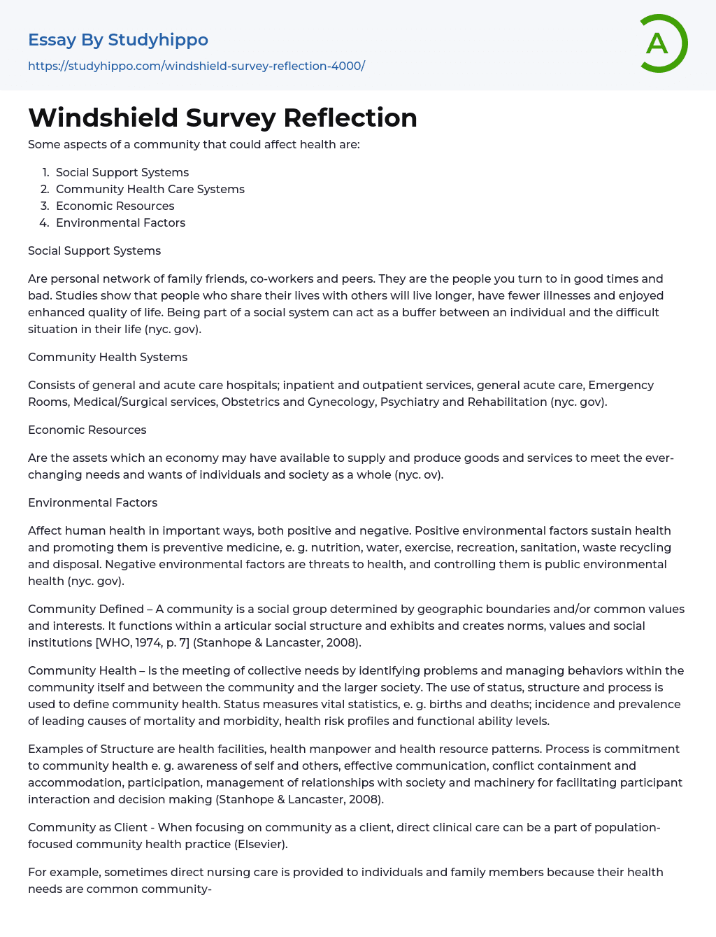 Windshield Survey Reflection Essay Example