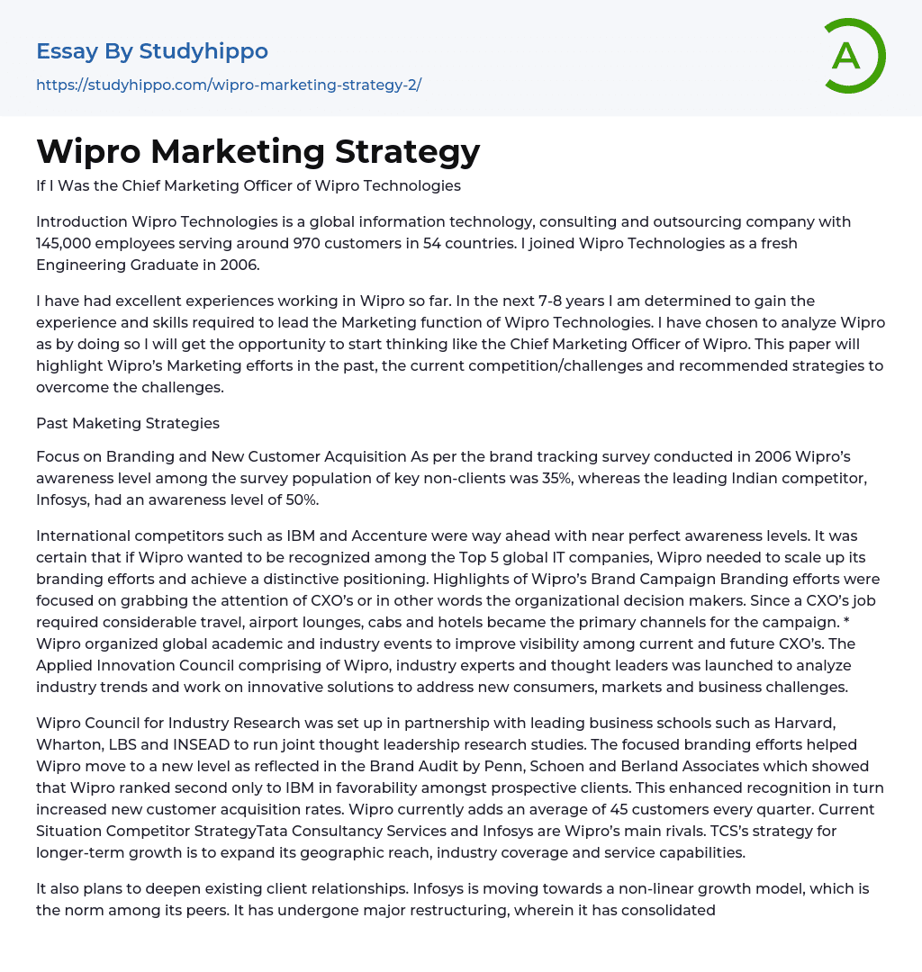 Wipro Marketing Strategy Essay Example