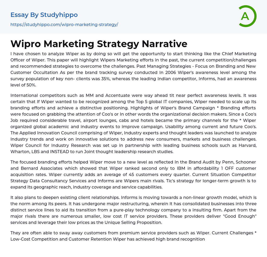 Wipro Marketing Strategy Narrative Essay Example