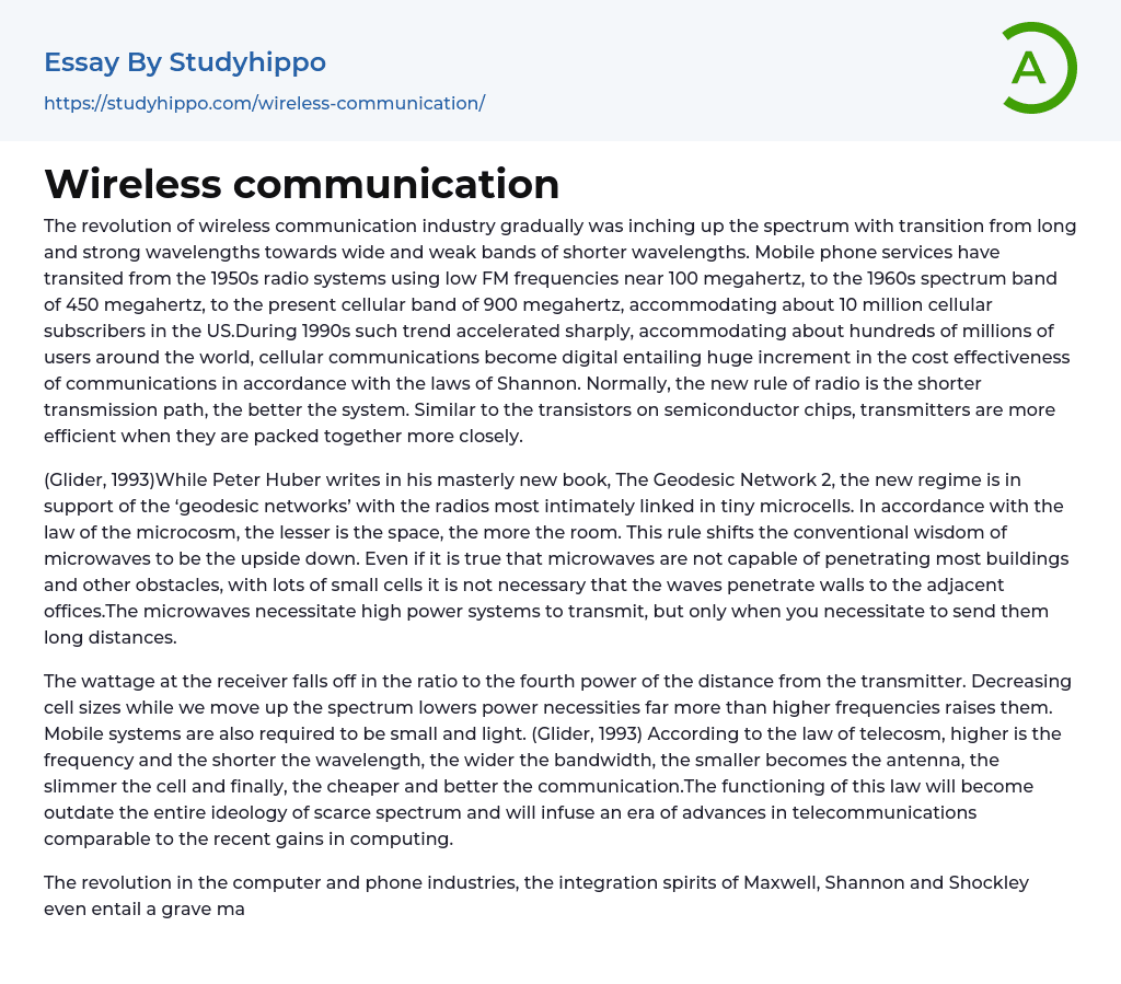 Wireless communication Essay Example