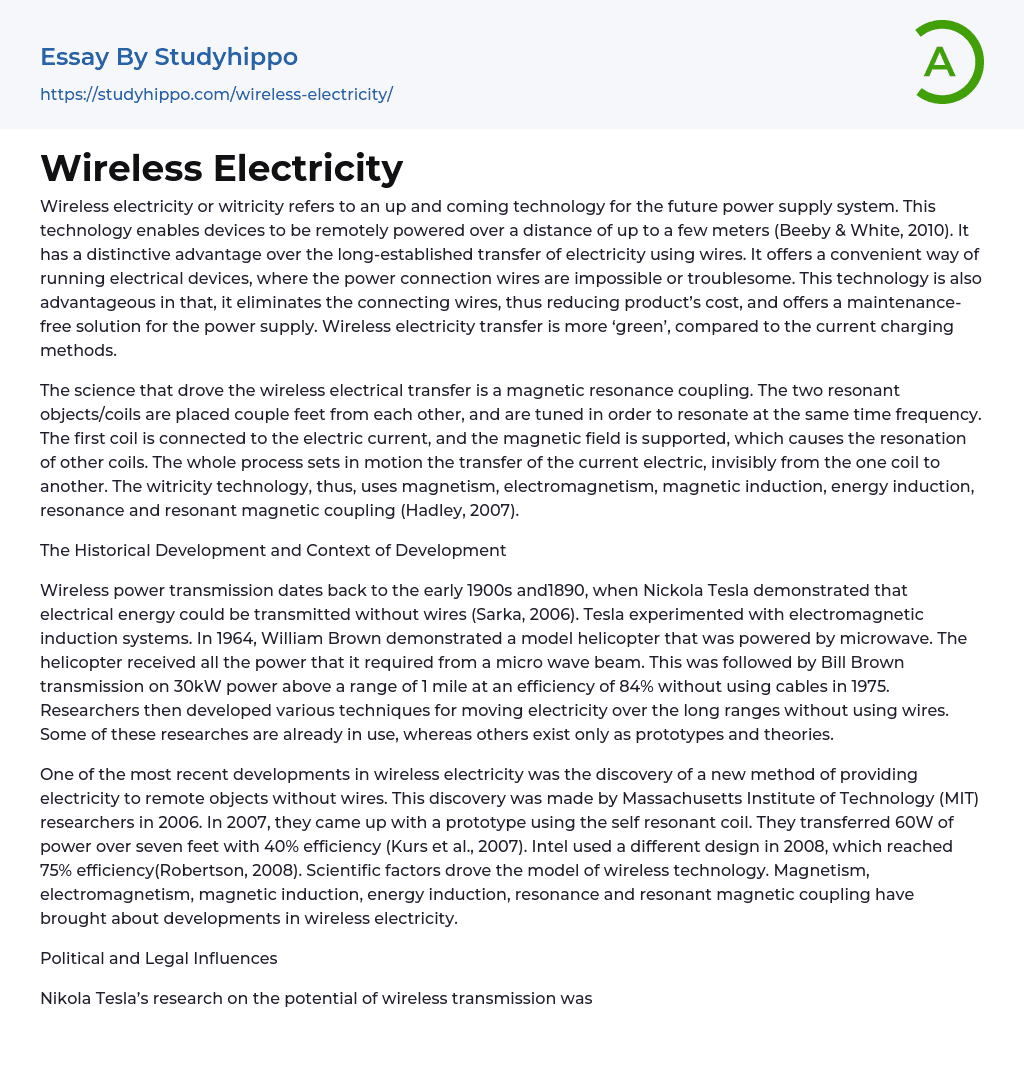 Wireless Electricity Essay Example