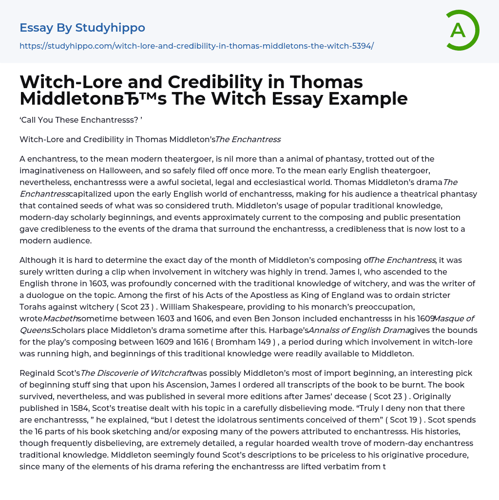 Witch-Lore and Credibility in Thomas Middleton’s The Witch Essay Example