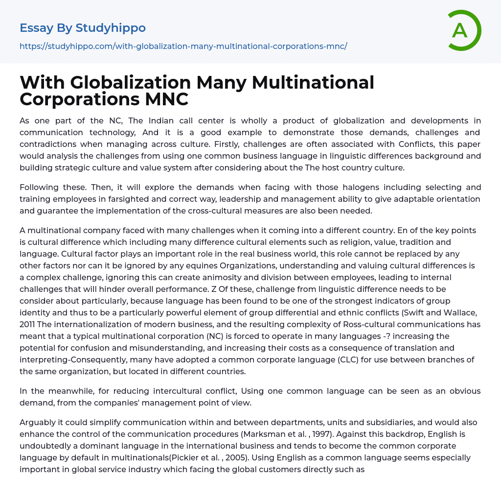 With Globalization Many Multinational Corporations MNC Essay Example