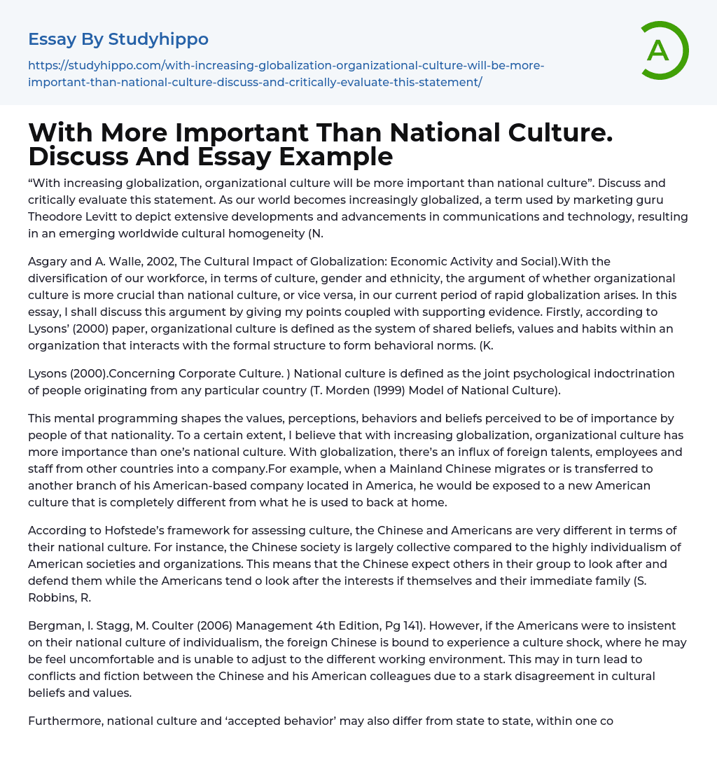 With More Important Than National Culture. Discuss And Essay Example