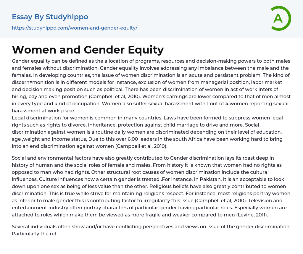 Women and Gender Equity Essay Example