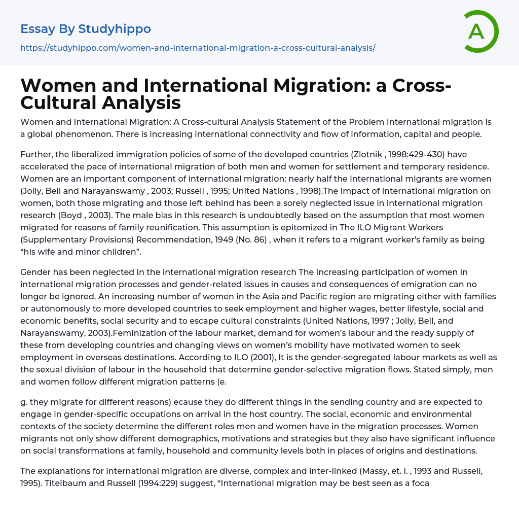 Women and International Migration: a Cross-Cultural Analysis Essay Example