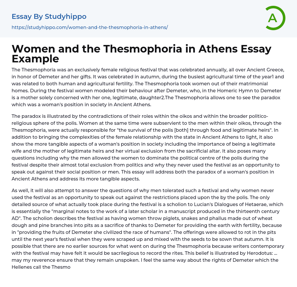 Women and the Thesmophoria in Athens Essay Example