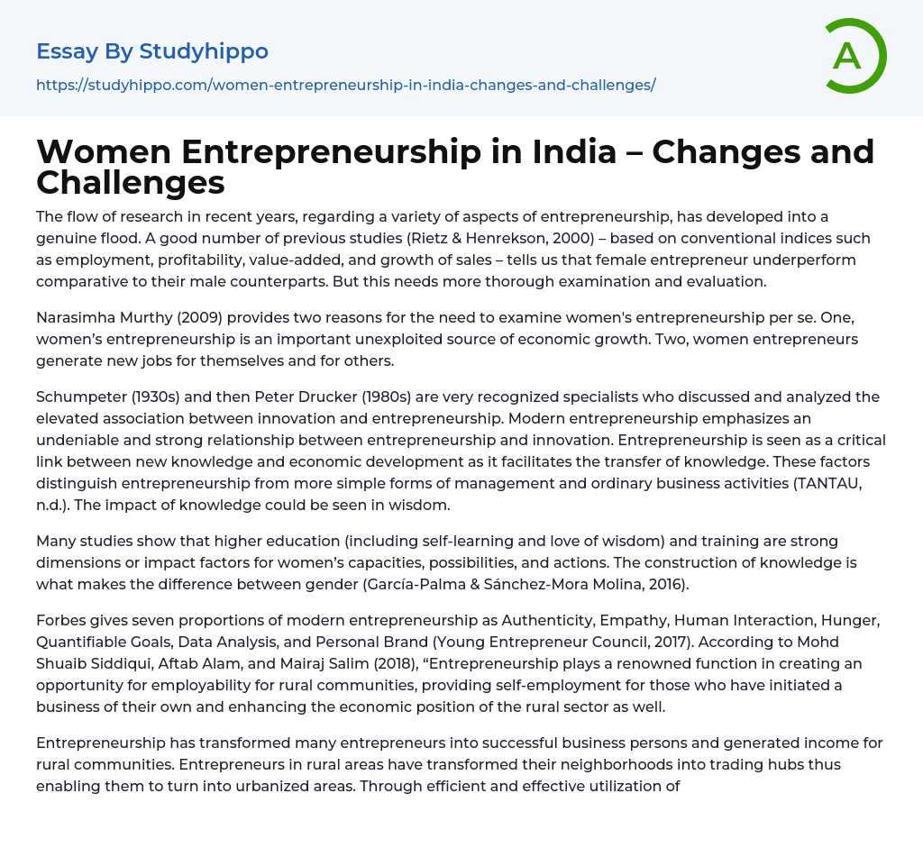 Women Entrepreneurship in India – Changes and Challenges Essay Example