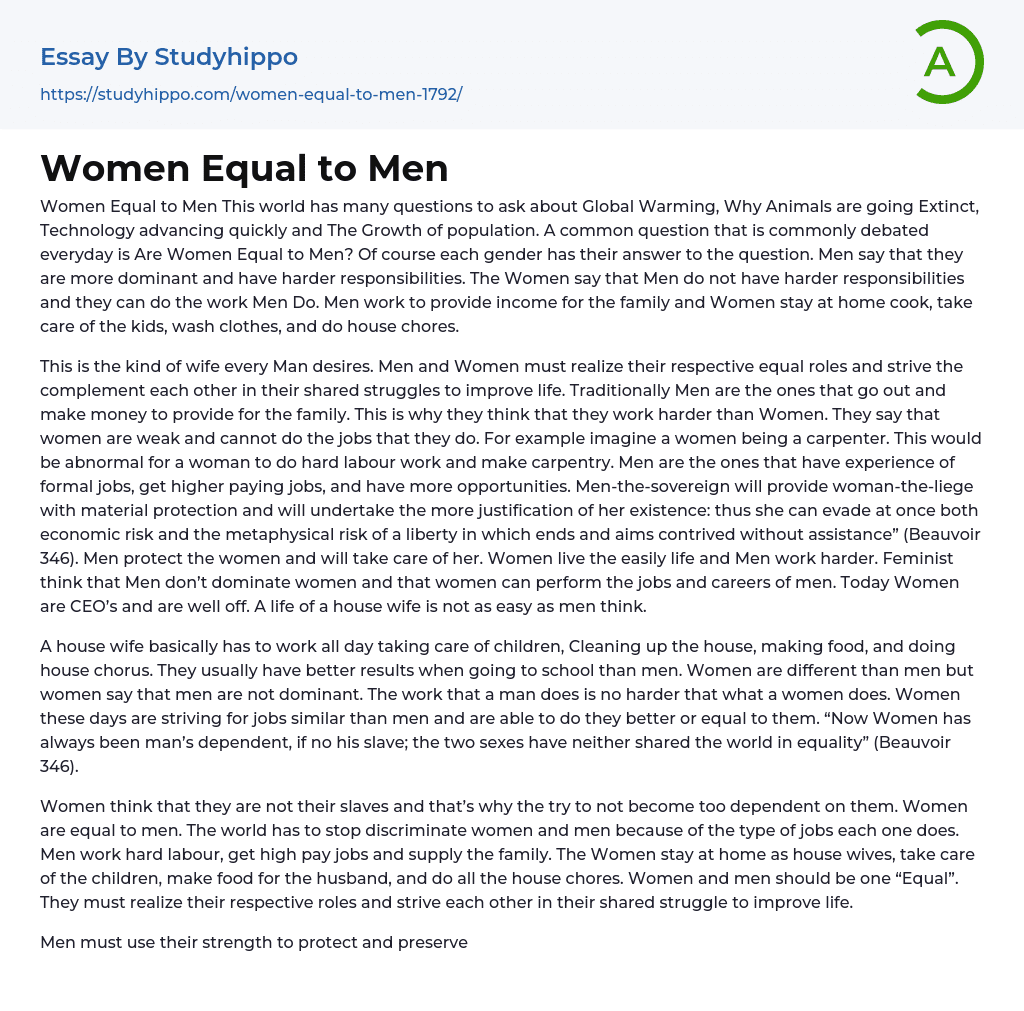 Women Equal to Men Essay Example