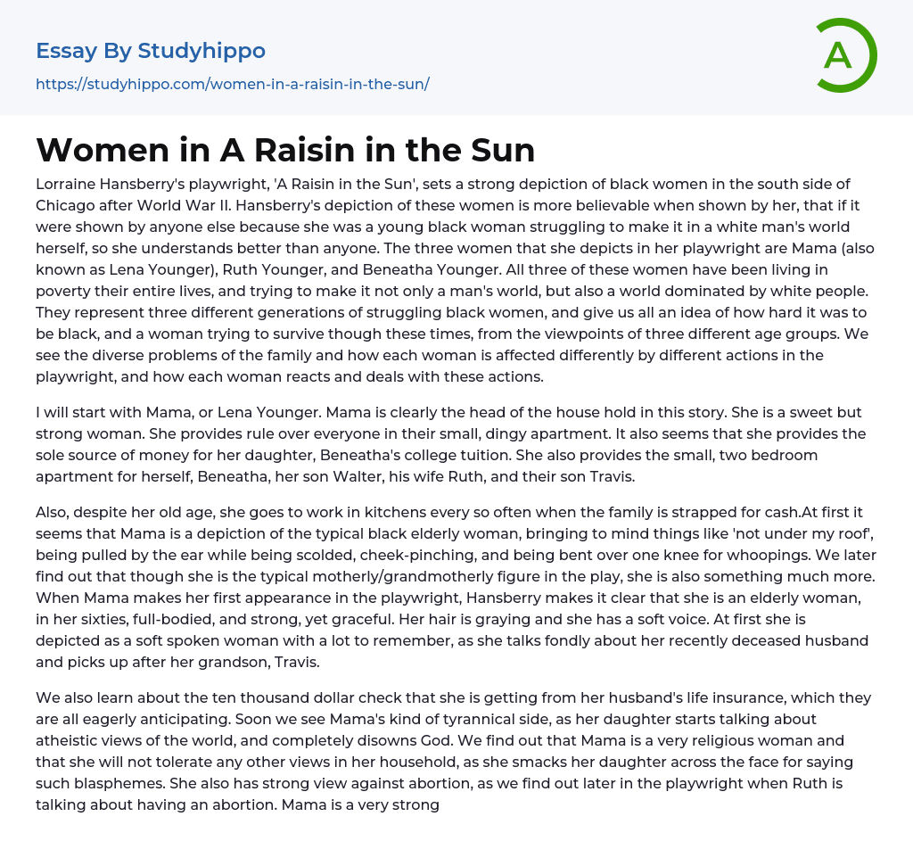Women in A Raisin in the Sun Essay Example