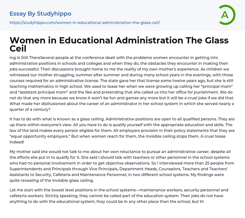 Women in Educational Administration The Glass Ceil Essay Example