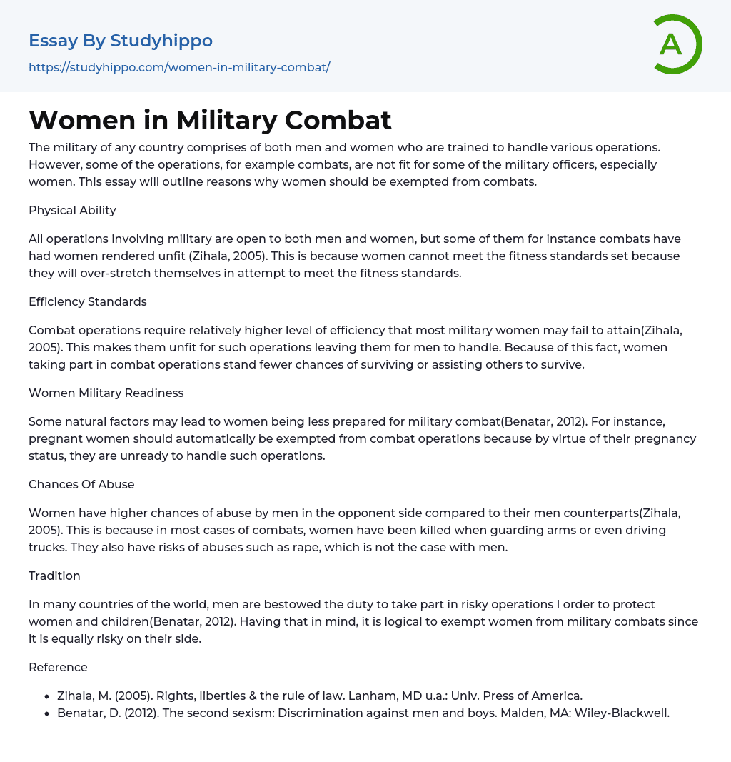 Women in Military Combat Essay Example