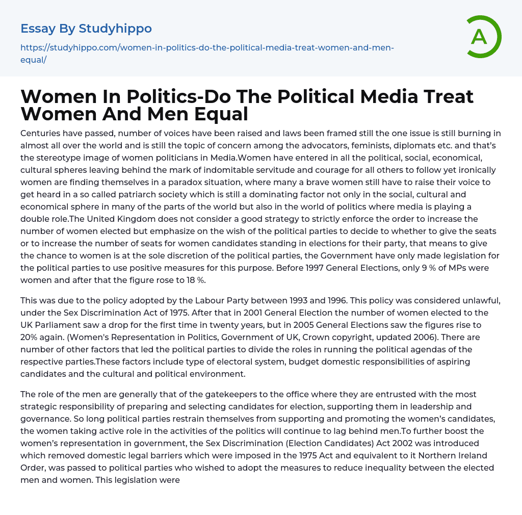 Women In Politics-Do The Political Media Treat Women And Men Equal Essay Example