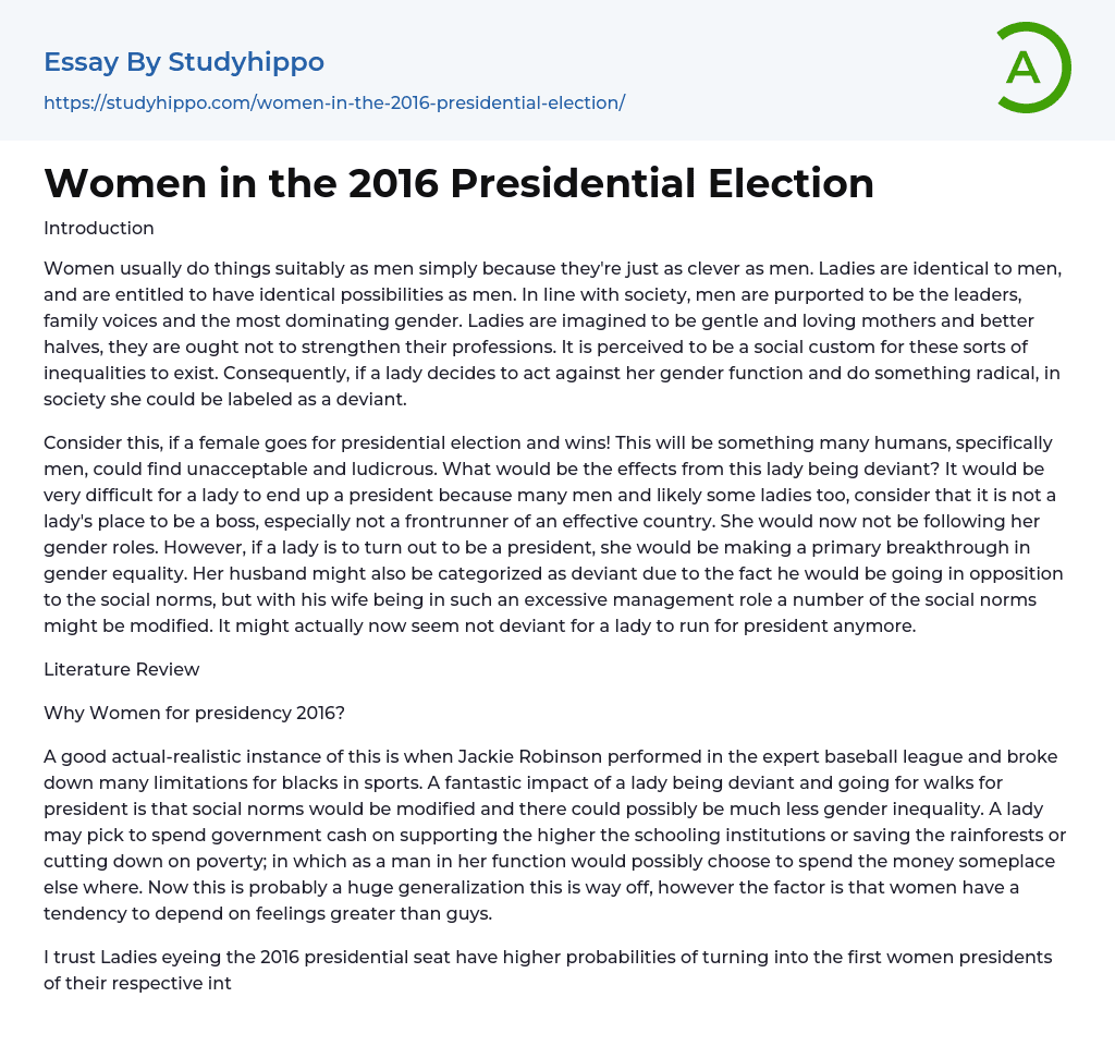 Women in the 2016 Presidential Election Essay Example