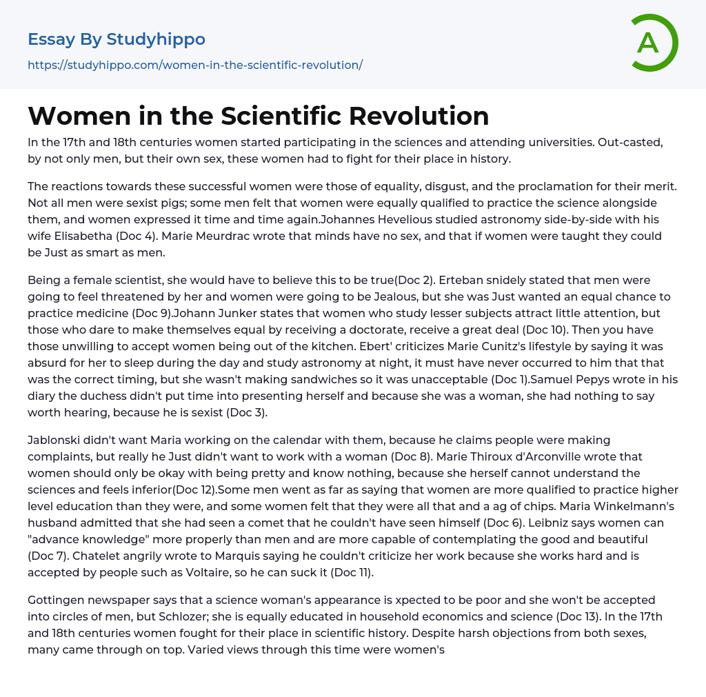 Women in the Scientific Revolution Essay Example