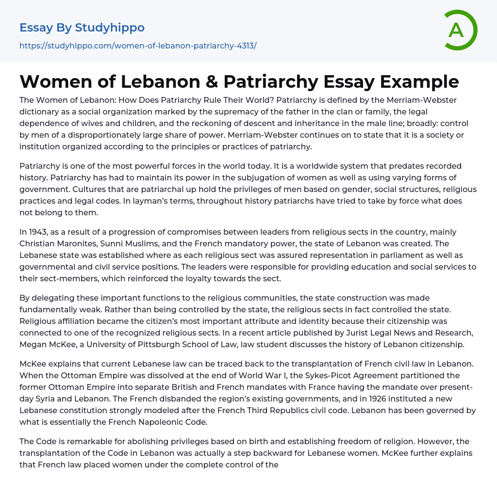 Women of Lebanon & Patriarchy Essay Example