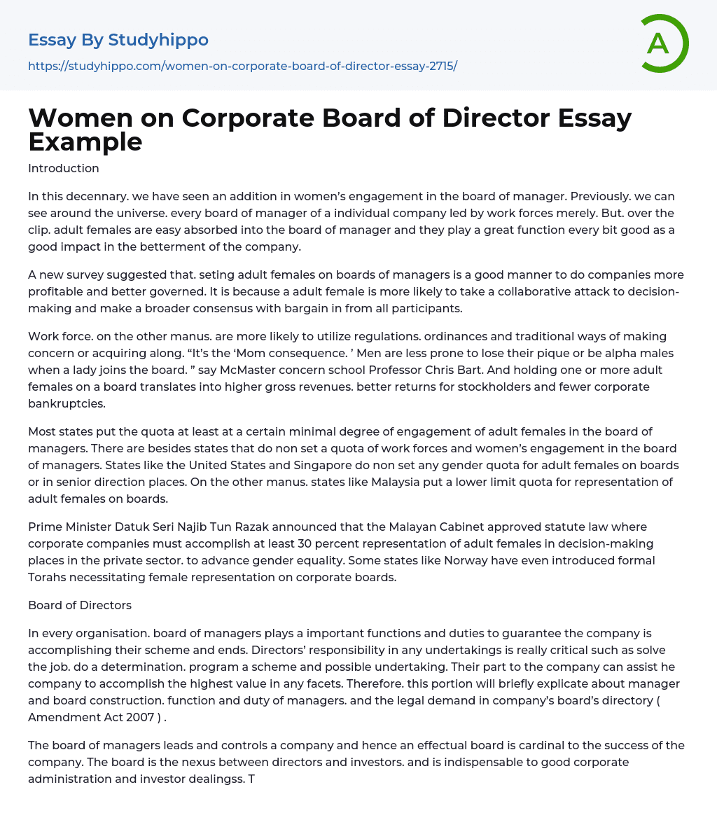Women on Corporate Board of Director Essay Example