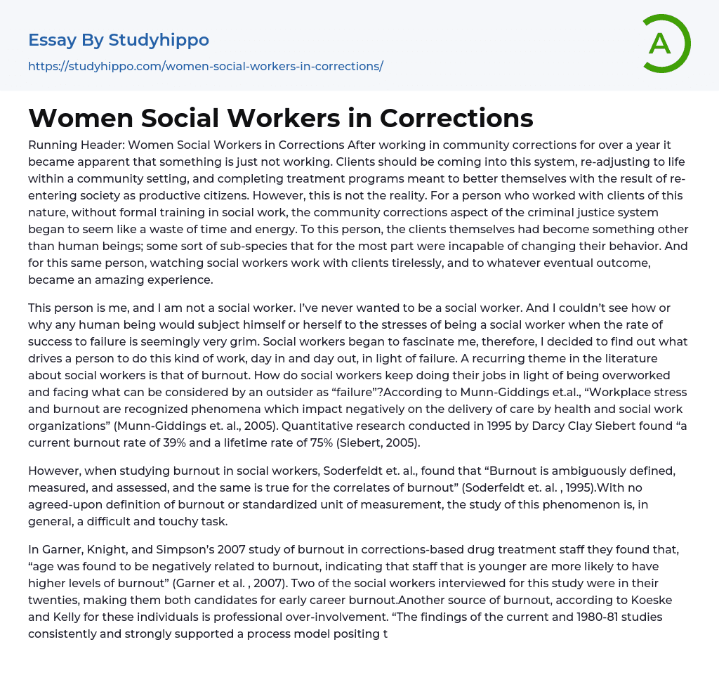 Women Social Workers in Corrections Essay Example