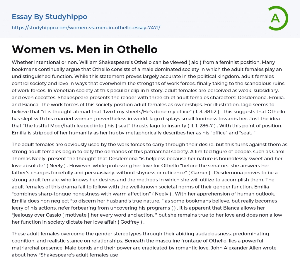 Women vs. Men in Othello Essay Example