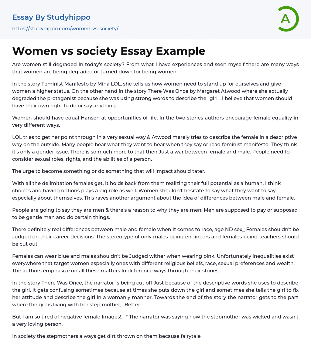 Women vs society Essay Example