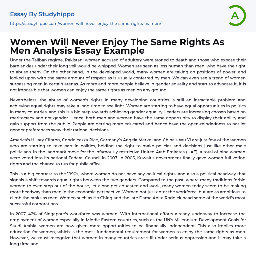 Women Will Never Enjoy The Same Rights As Men Analysis Essay Example