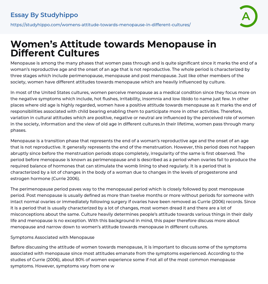 Women’s Attitude towards Menopause in Different Cultures Essay Example