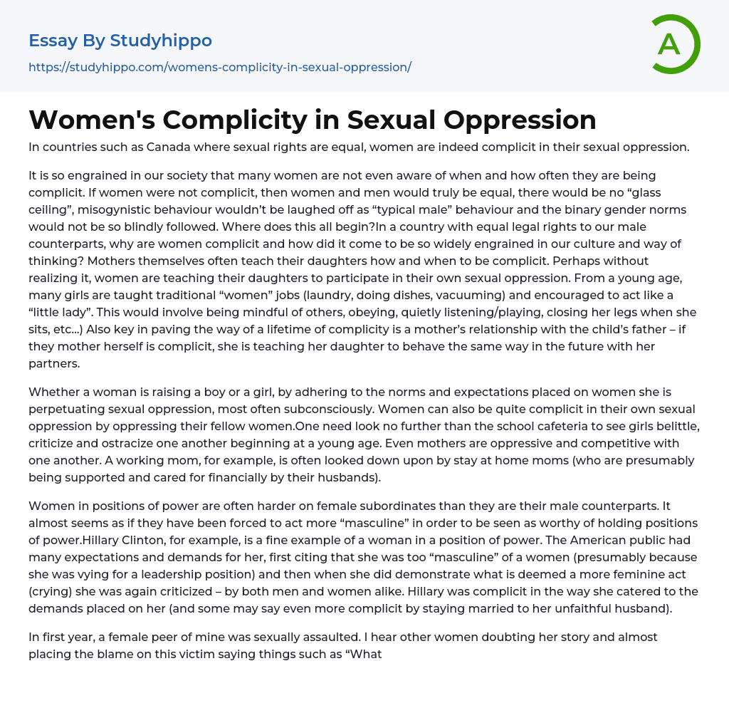 Women’s Complicity in Sexual Oppression Essay Example