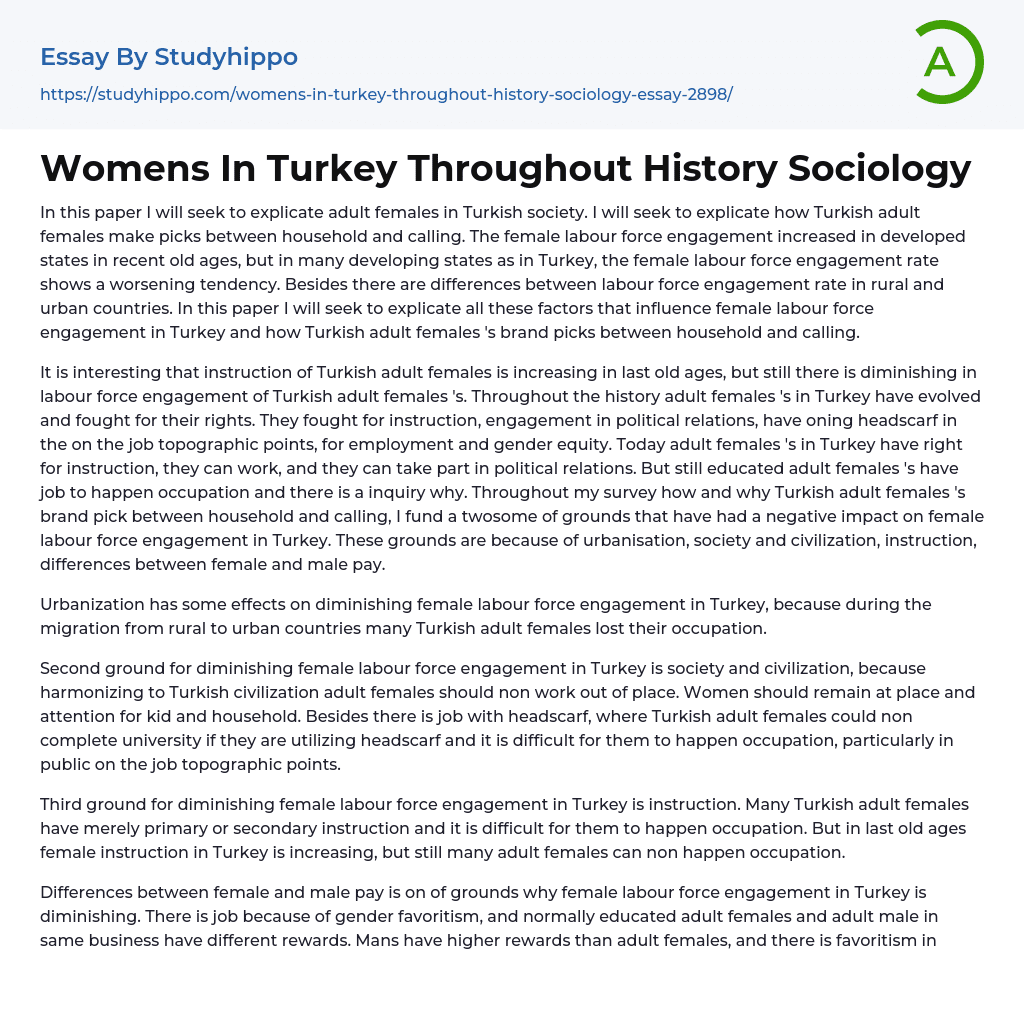 Womens In Turkey Throughout History Sociology Essay Example