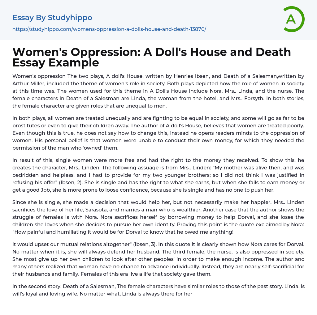 Women’s Oppression: A Doll’s House and Death Essay Example