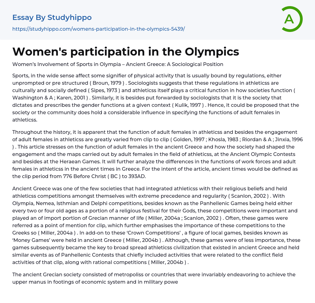 Women’s participation in the Olympics Essay Example