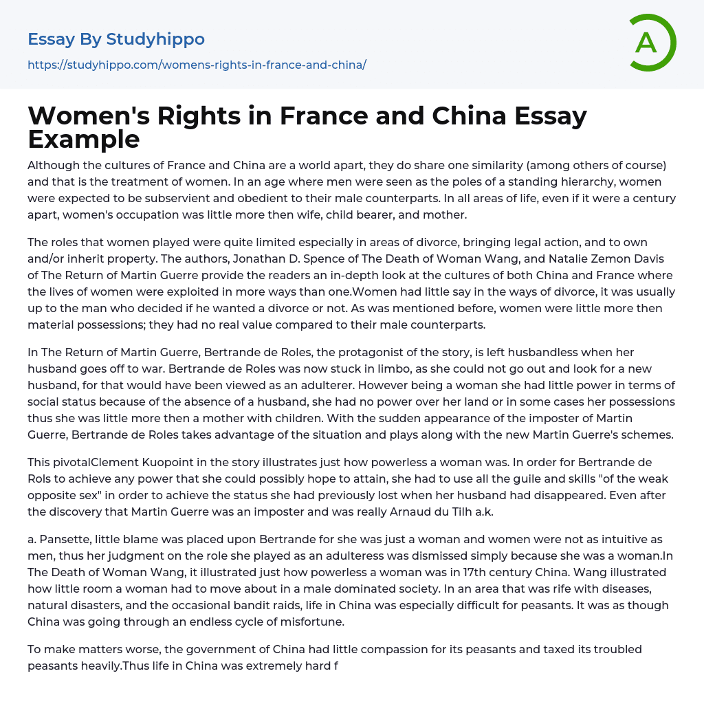 Women’s Rights in France and China Essay Example